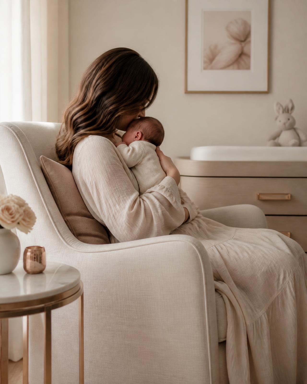 Mãe amamentando o bebê em uma poltrona de amamentação, em tons neutros e elegantes